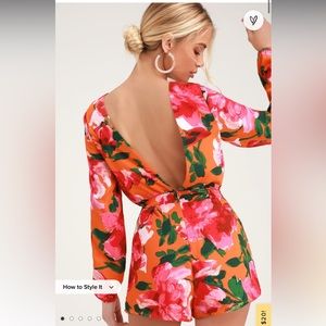 Sweetest Song Orange Floral Print Backless Long Sleeve Romper. Size large